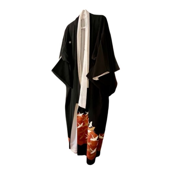 Vintage Japanese Kimono – Black Silk w/ Cranes & Family Crests - Picture 2 of 7